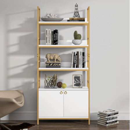 4 Tier bookcase with door white Etagere standard bookcase with cabinet - White&Gold This Multifunctional Bookcase Provides Storage