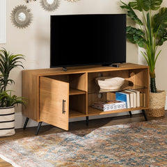 52-inch Mid-Century TV Console - English Oak Adjustable Shelving Provides Customized Storage for Media Consoles