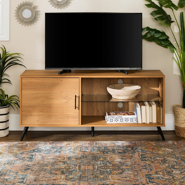 52-inch Mid-Century TV Console - English Oak Adjustable Shelving Provides Customized Storage for Media Consoles