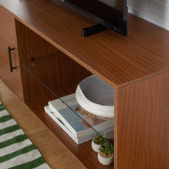 52-inch Mid-Century TV Console - Pecan Adjustable Shelving Provides Customized Storage for Media Consoles