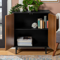 Modern Media Cabinet - Black / Acorn Bookmatch 4 Tapered Metal Legs with Adjustable Rubber Feet