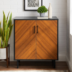 Modern Media Cabinet - Black / Acorn Bookmatch 4 Tapered Metal Legs with Adjustable Rubber Feet