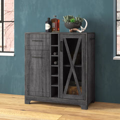 Charcoal Colleen Bar Cabinet X-Shaped Frame Opens to Reveal Space for Barware