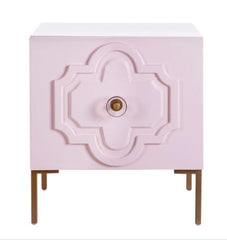 Pink Lacquer Side Table Carved Door, Lucite Knob, and Brass Legs Perfect for Organize