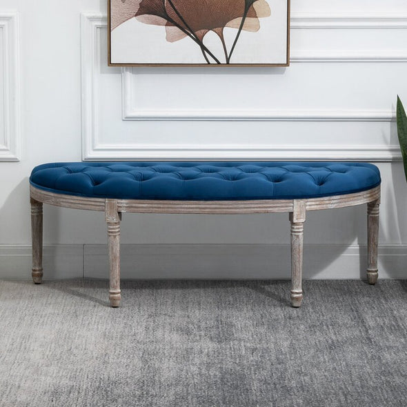 Blue Upholstered Bench Lush Velvet-Touch Cover and Classic Fluted Legs Add Vintage Glamour to your Home Setting