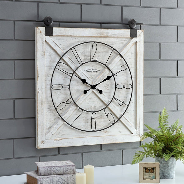 Farmstead Fir Wood Barn Door Wall Clock - Weathered White Make An Accent Statement in your Entryway, Kitchen, Living Room