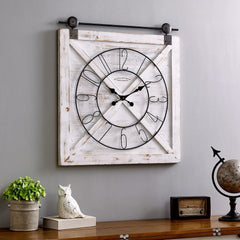 Farmstead Fir Wood Barn Door Wall Clock - Weathered White Make An Accent Statement in your Entryway, Kitchen, Living Room