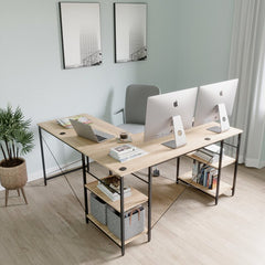 L-Shape Desk Corner Desk with Storage Shelves that Fits Perfectly in Small Space 2-Person Seat and no Interference