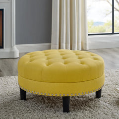 Yellow Linen Blend Helmfirth 30'' Wide Ottoman Defined by a Tufted Top and Silver