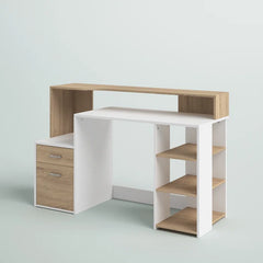 Oak and White Herzig Desk with Plenty of Storage and a Three-Tier Modern Design