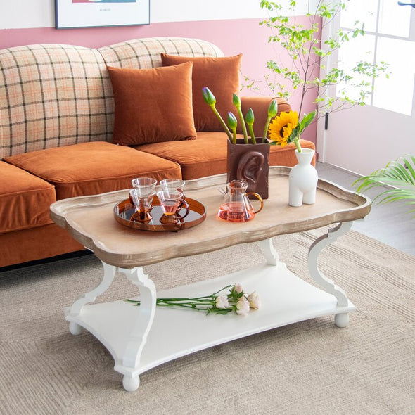 Kerlin Coffee Table Natural Wood Tray Style Finish and White Base