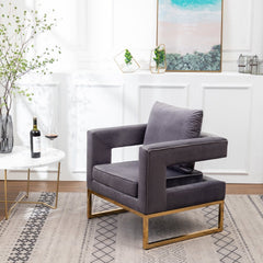 Contemporary Upholstered Accent Arm Chair - Grey Cut-Out Square Track Armrests and A Pillow Back that Lend A Look of Luxuriously Comfy