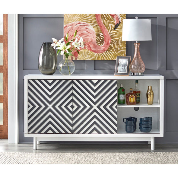 Mason Mid-century Modern Buffet - White/Black 2 Sliding Doors Keep Interior Partially Exposed 3 Adjustable Shelves Perfect for Organize