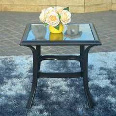 Patio Steel Side Table, Perfect for Balcony Steel Frame Woven Brown Faux Rattan With A Glass Top