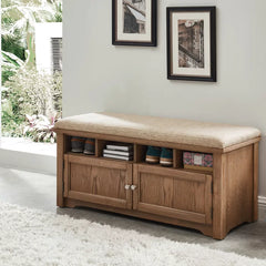 Oak Rentschler Storage Bench Natural Wood Grain Pattern and Linen-Upholstered Seat