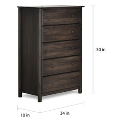 5 Drawer Solid Wood Chest Wood Furniture Shaker, Espresso