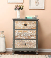 3 Drawer Rustic Grey Carved Wood Chest-Natural, Grey