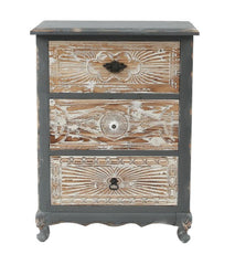 3 Drawer Rustic Grey Carved Wood Chest-Natural, Grey