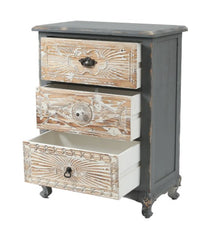 3 Drawer Rustic Grey Carved Wood Chest-Natural, Grey