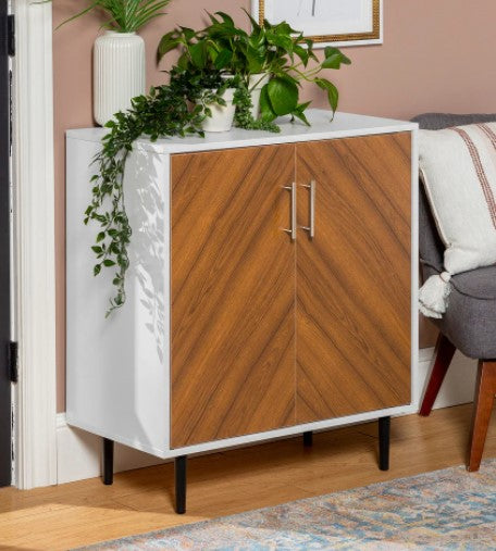 1 Lindesberg Modern Media Cabinet - White / Acorn Bookmatch Mid-century Charm to your Décor