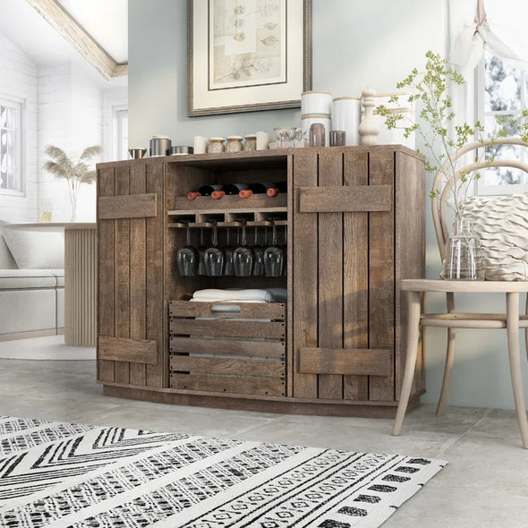 Reclaimed Oak Slatted Bar Cabinet Transitional Style with Rustic Flair