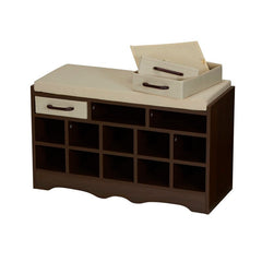 Brown Storage Bench Ten Open Cubbies and Three Pullout Drawers Below the Seat, Ideal for Tucking Away Any Loose Odds and Ends