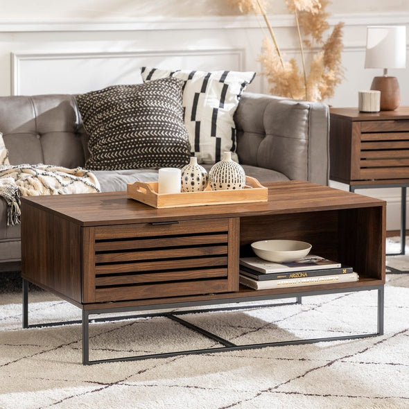 42-in. Slat Door Coffee Table - Dark Walnut Coffee Table, Complete with Fashionable Slat Doors 2 Drop-Down Slatted Doors 2 Open Storage Compartments