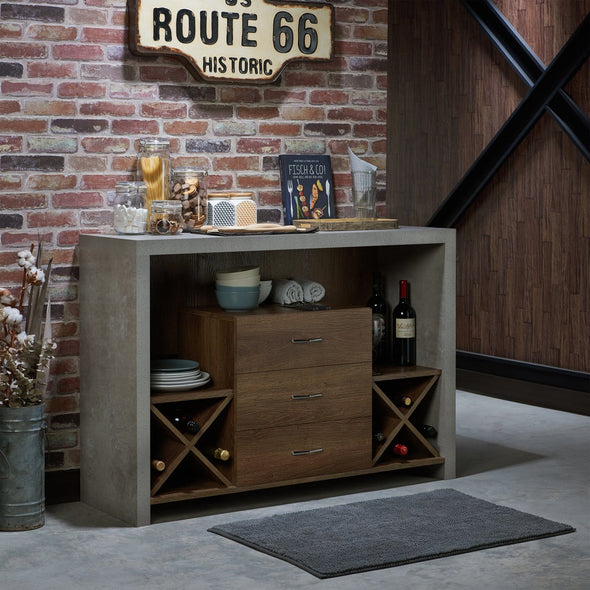 3-drawer Buffet Open Shelving, Three Drawers, and Two Wine Racks