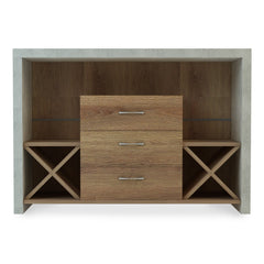 3-drawer Buffet Open Shelving, Three Drawers, and Two Wine Racks