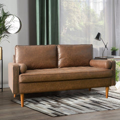 Mid-Century Top-Grain Leather Deep Seat Sofa With Cushions Wood Legs - Brown