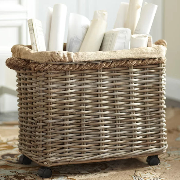 Natural Rattan Wheeled Rattan Basket Removable Burlap Jute Liner