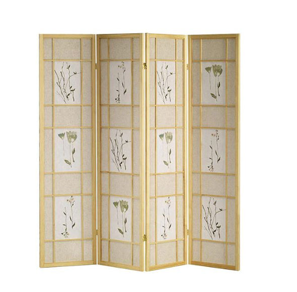 4-panel Screen Natural Finish with Floral Prints Sturdy Hinges