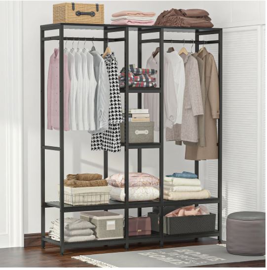 Black Double Rod Free standing Closet Organizer Heavy Duty Clothe Closet Storage