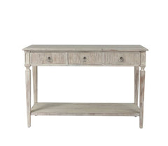 White Washed Wood Three Drawer Console Table 31.63in. H x 47.25in. W x 15.75in. D