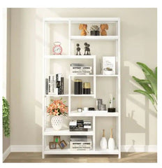 8-Shelves Staggered Bookshelf Industrial Etagere Bookcase All White