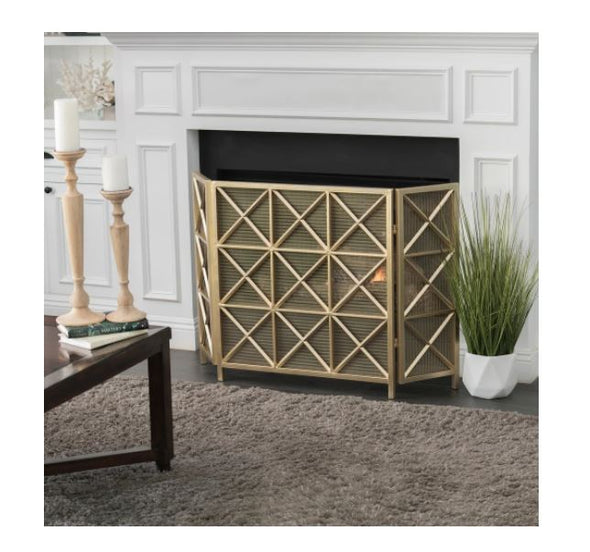 3-Panel Fireplace Screen Crafted from Iron with an X Pattern for Striking Visual Interest