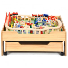 Children's Wooden Railway Set Table with 100 Pieces Storage Drawers Storage Drawer Prevents Missing Pieces After Playing