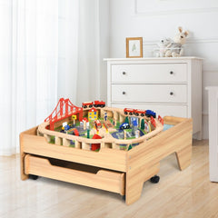 Children's Wooden Railway Set Table with 100 Pieces Storage Drawers Storage Drawer Prevents Missing Pieces After Playing